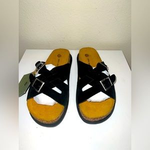 Earth Shoe Cork Leather Strappy Buckle Flat Sandals Slip On Shoes Sz 12